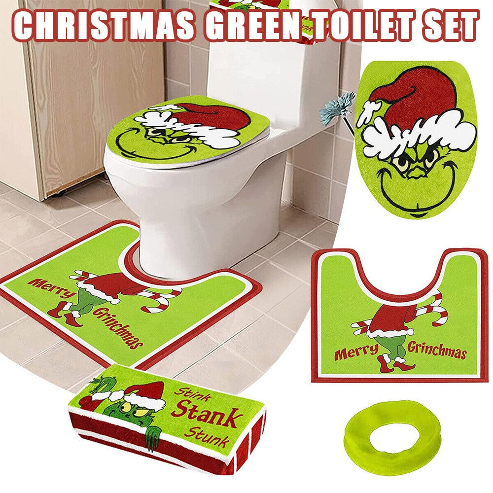 4PCS/Set Christmas Grinchs Decor Bathroom Toilet Pad Seat Cover-Rug for Bathroom