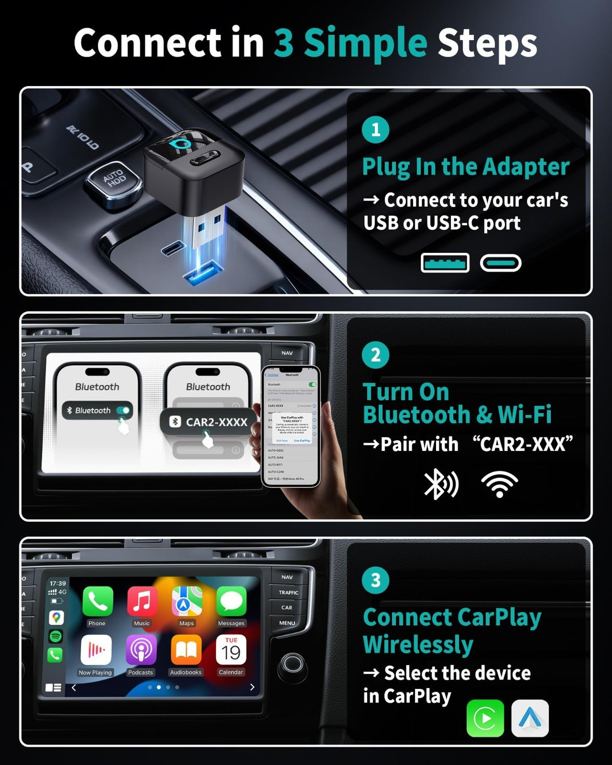 Wireless CarPlay AndroidAuto Adapter USB Dongle 2in1 w/Button