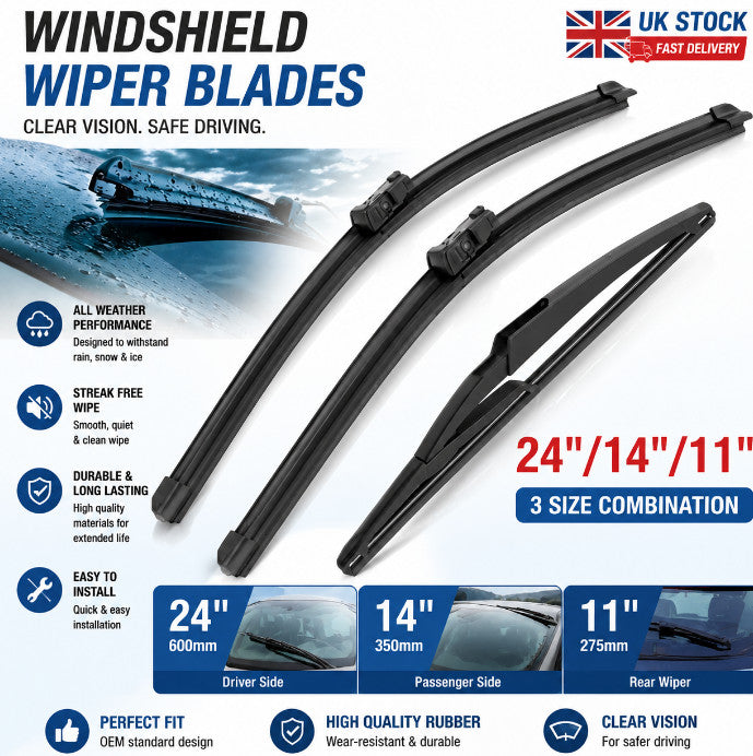 3Pcs Front & Rear Windscreen Wiper Blades Set For Ford KA Fiat 500 24''14''11''