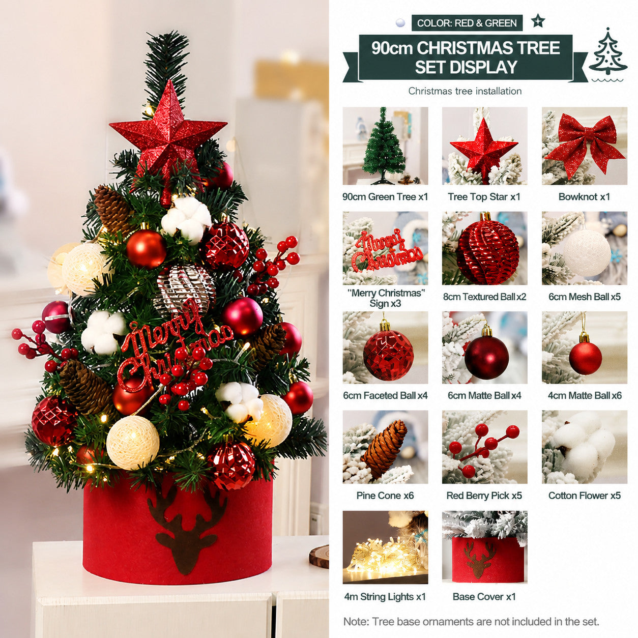 90cm Christmas Tree Pre Decorated Mini Tabletop Xmas Tree LED Lights Decoration