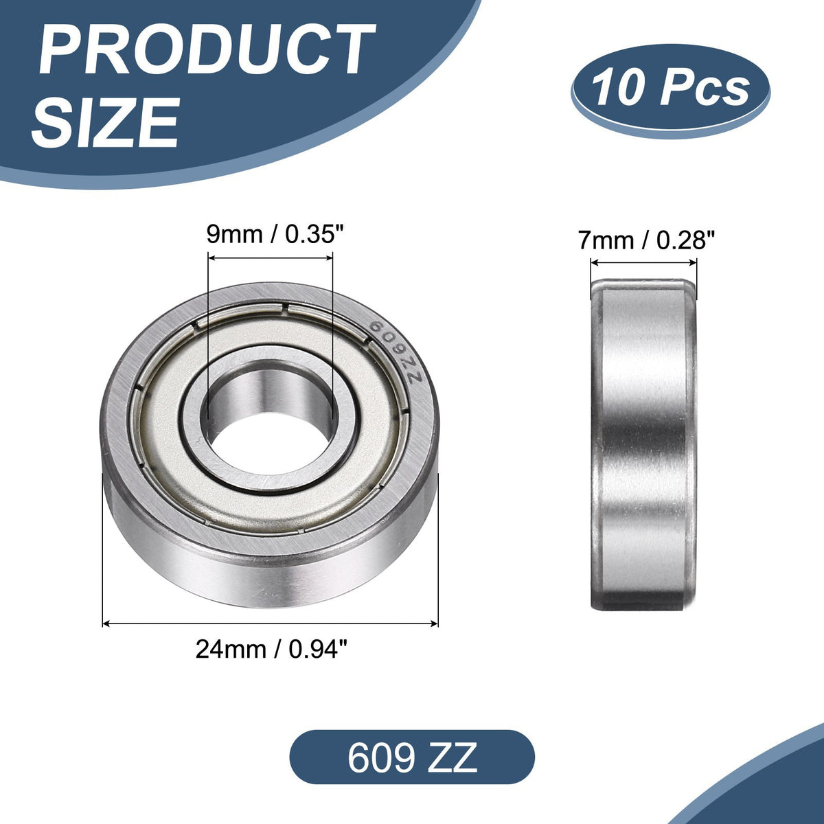 10 Pack 9 x 24 x 7mm 609 ZZ Deep Groove Ball Bearings,  ABEC5