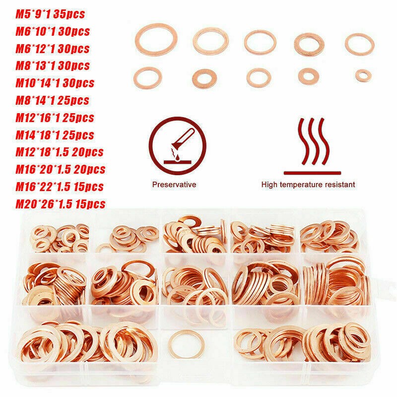 M5-M20 Assorted Solid Copper Car Engine Washers Crush Seal Flat Ring Gasket Set