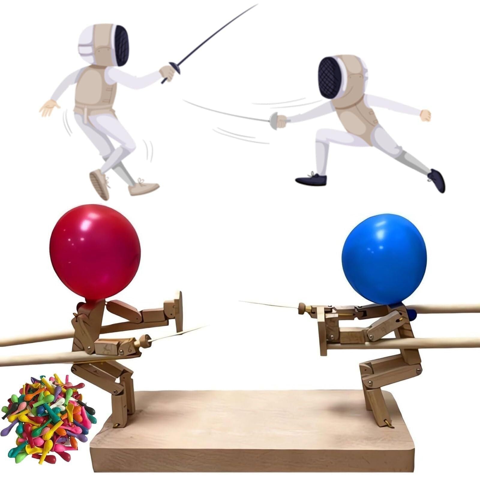 2 Players Balloon Bamboo Man Battle Handmade Wooden Fencing Puppets Party Games