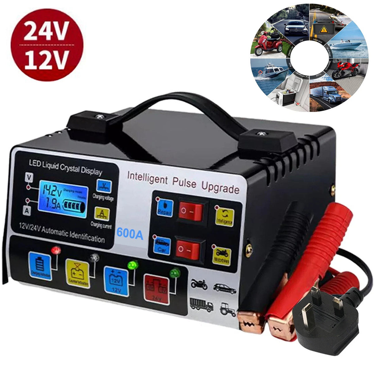 Heavy Duty Smart Car Battery Charger 12V/24V Automatic Pulse Repair Trickle 600A