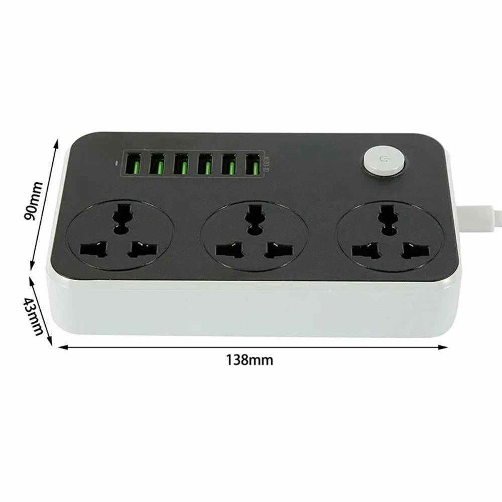 Extension Lead with 6 USB Cable Electric Plug Socket UK Mains Power 3 Gang Way