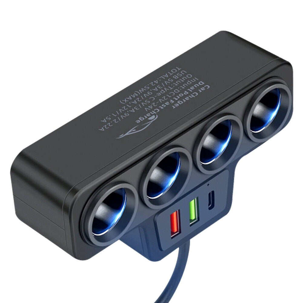 4 Way 12V 24V Multi Socket Car Cigarette Lighter Splitter USB Charger Adapter