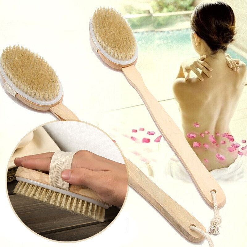 2X Body Brush Long Handle Bath Shower Back Scrubber Bamboo Natural Boar Bristles