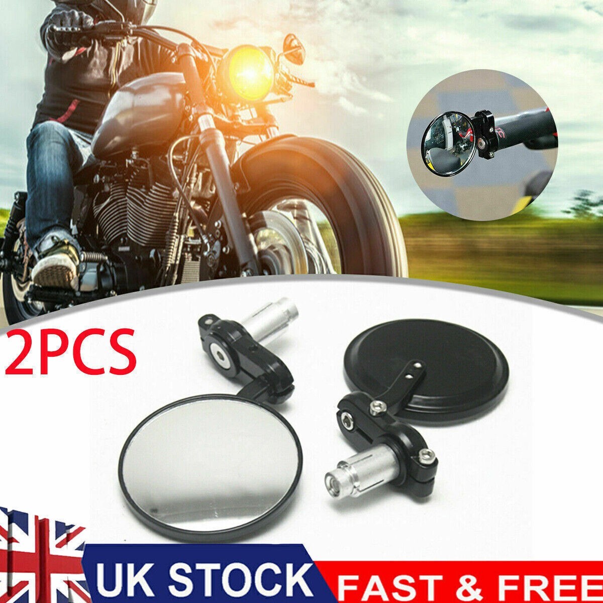 7/8" Universal Motorcycle Motorbike Handle Bar End Rearview Mirrors Round UK