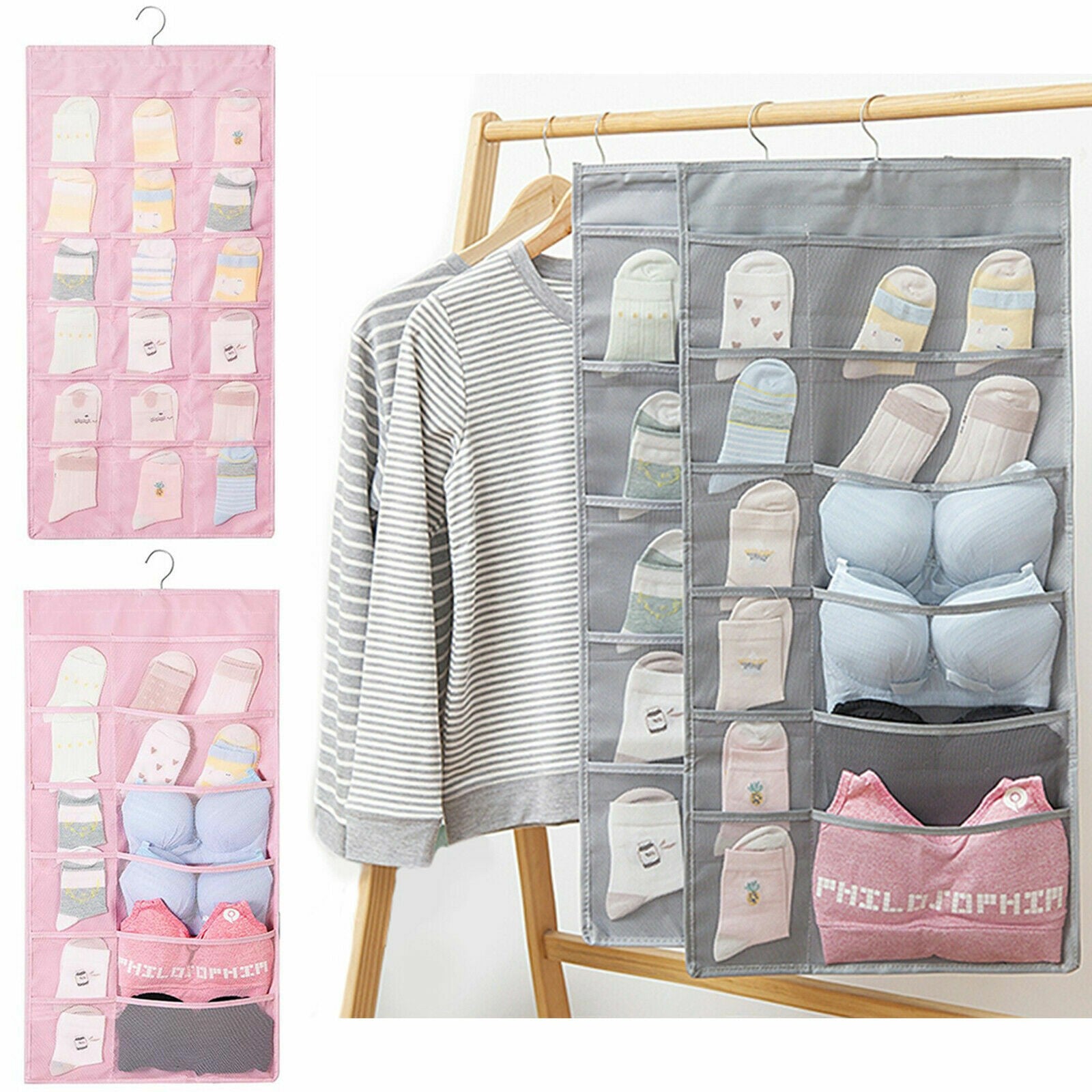 30 Pockets Double 2 Side Hanging Bag Bra Underwear Storage Organiser Tidy Hanger