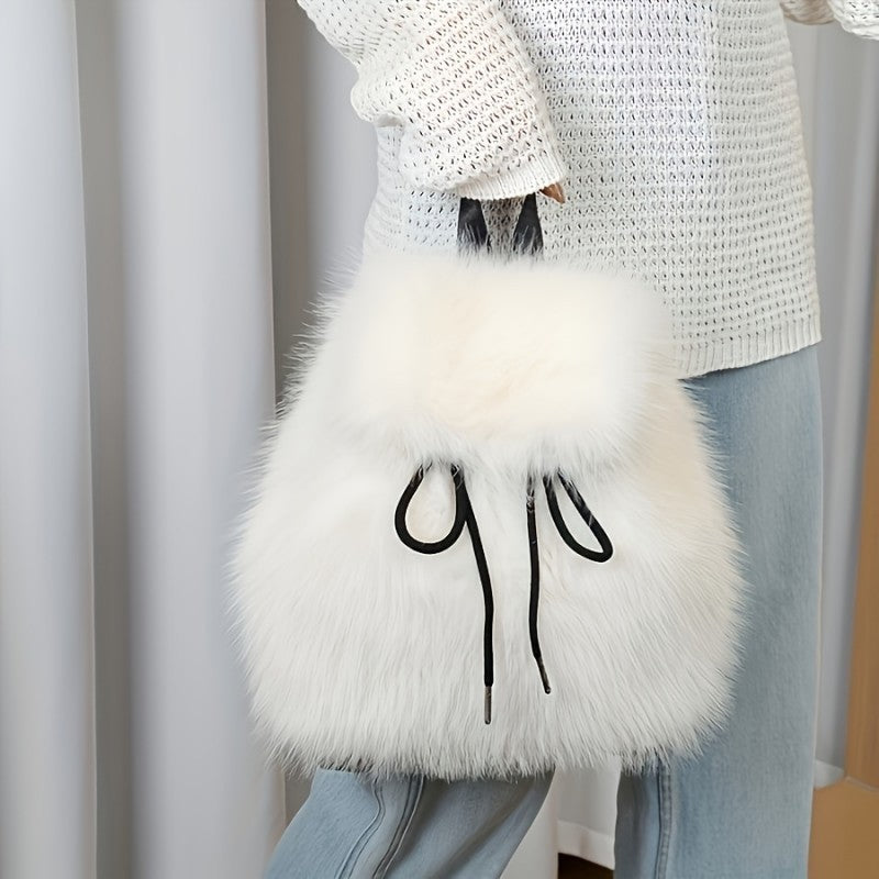 Faux Fur Backpack for Women Casual Drawstring Flap Closure Adjustable Strap Bag