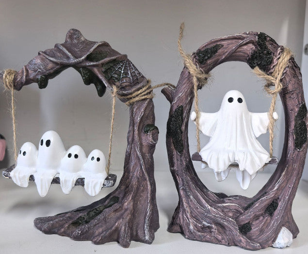 Swinging Ghost on Tree Swing - Cute Spooky Halloween Decor