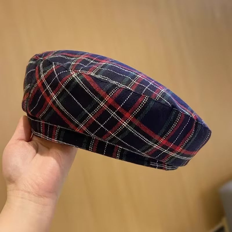 Women Striped Jacquard Beret Classic Casual Plaid Vintage Flat Top Painter Cap