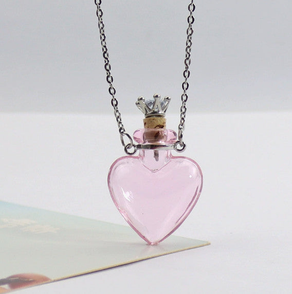 Vial Necklace, Stainless Steel Glass Heart Perfume Bottle 29mm, Light Blue