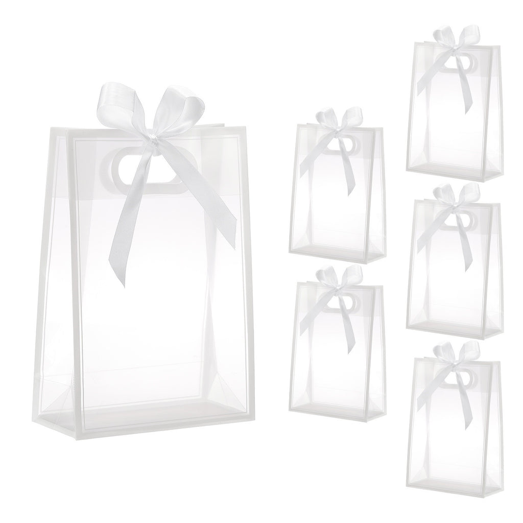 6Pcs Clear Gift Bags with Handle, 9.5x13.8x4" Favor Bags(White, White Ribbon).*