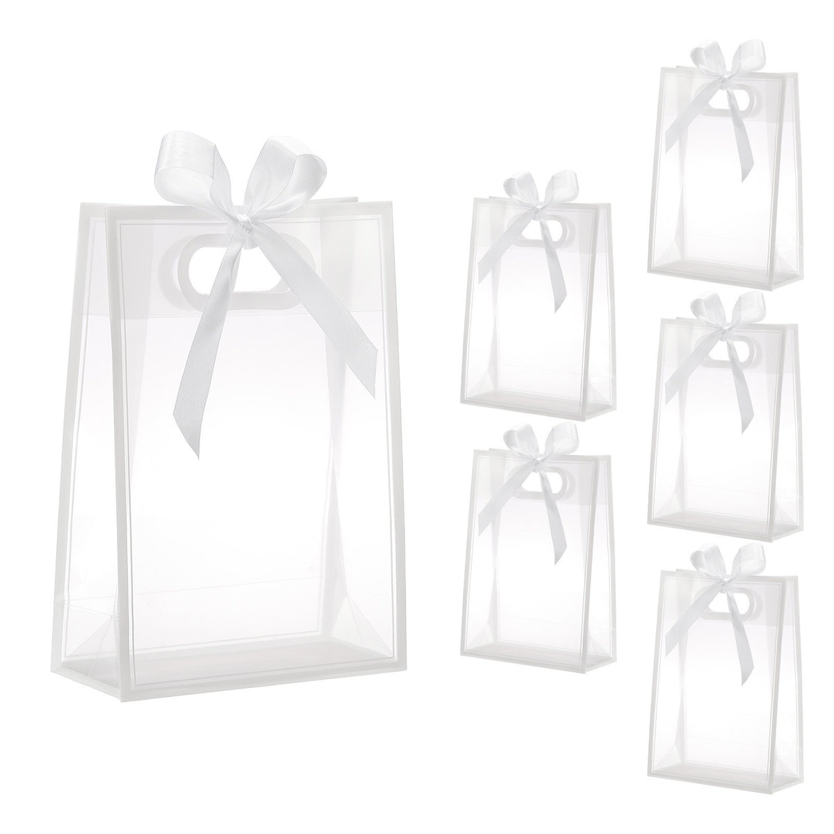 6Pcs Clear Gift Bags with Handle, 9.5x13.8x4" Favor Bags(White, White Ribbon).*