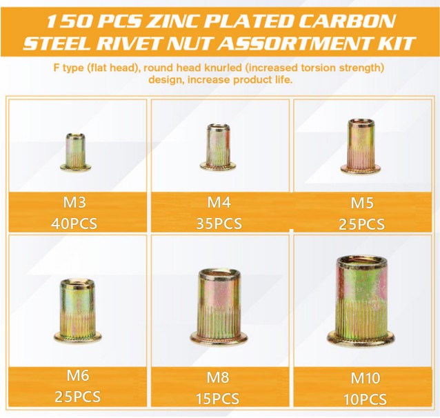 150Pcs Set Rivet Nut Kit Mixed Zinc Steel Rivnut Insert Nutsert Threaded M3-M10