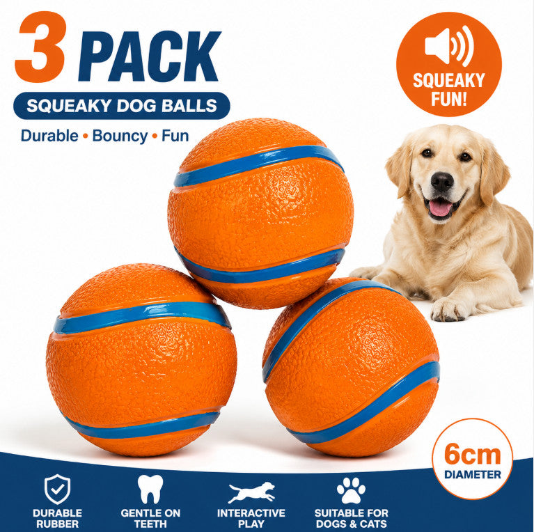3 Pack Squeaky Dog Ball Toys Rubber Pet Chew Balls Interactive Puppy Cat Toy