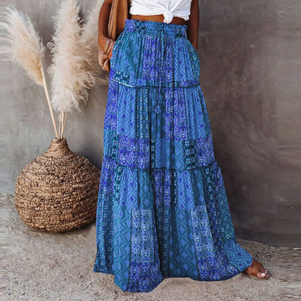 Women Bohemian High Waist Long Skirt Ladies Holiday Swing Baggy Boho Maxi Skirts