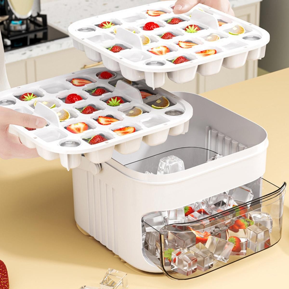 50-Cube Ice Maker with Easy Press Cap Double Layer Ice Cube Maker Refrigerator