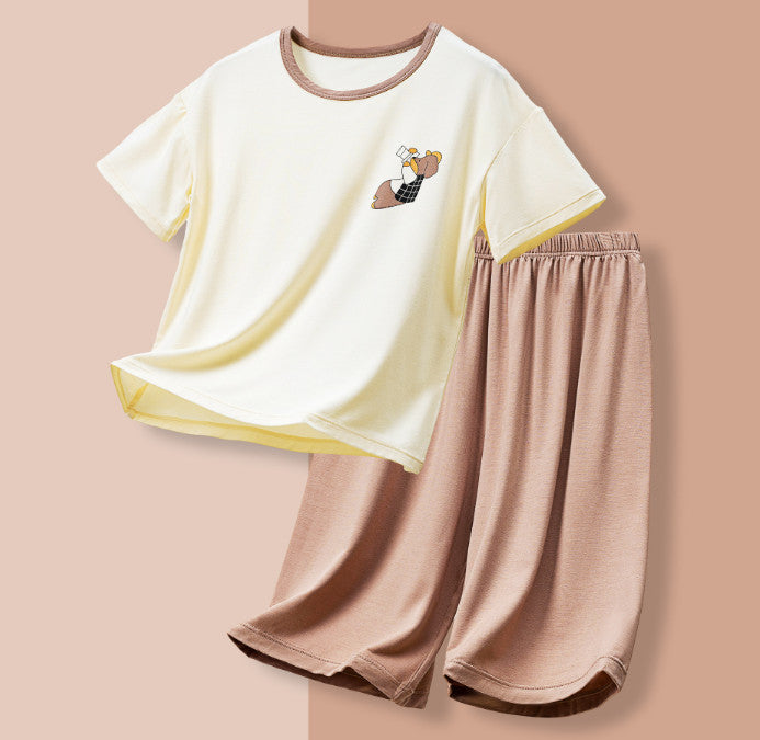Soft Modal Kids Pajama Set Short Sleeve Top & Capri Pants Summer Sleepwear