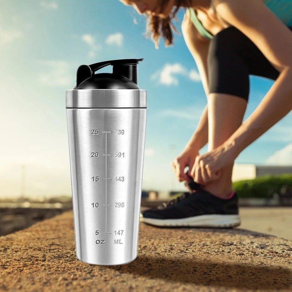 739ML Metal Protein Shaker Bottle Leakproof Sports Mixer Cup with Mixing Ball