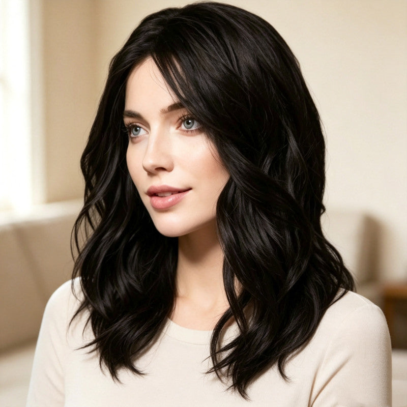 New Medium Length Black Wavy Wig Natural Fluffy Synthetic Hair Wigs Cosplay