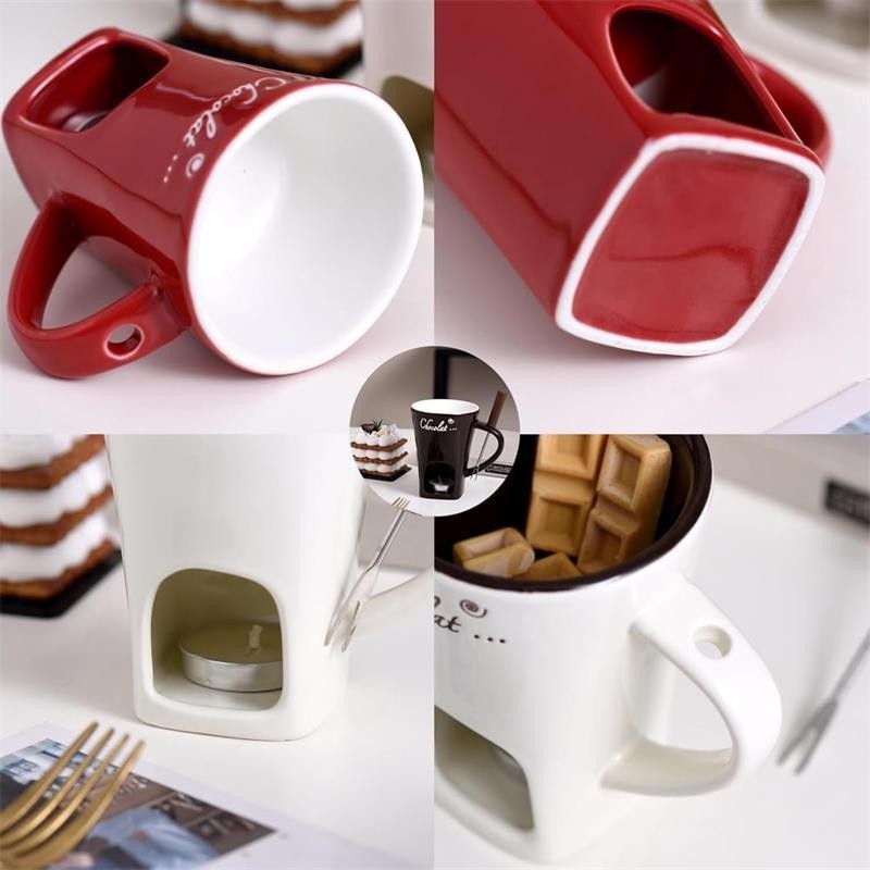 Chocolate Fondue Mugs,Premium Chocolate Fondue Coffee Cup with Fork Melting Mug