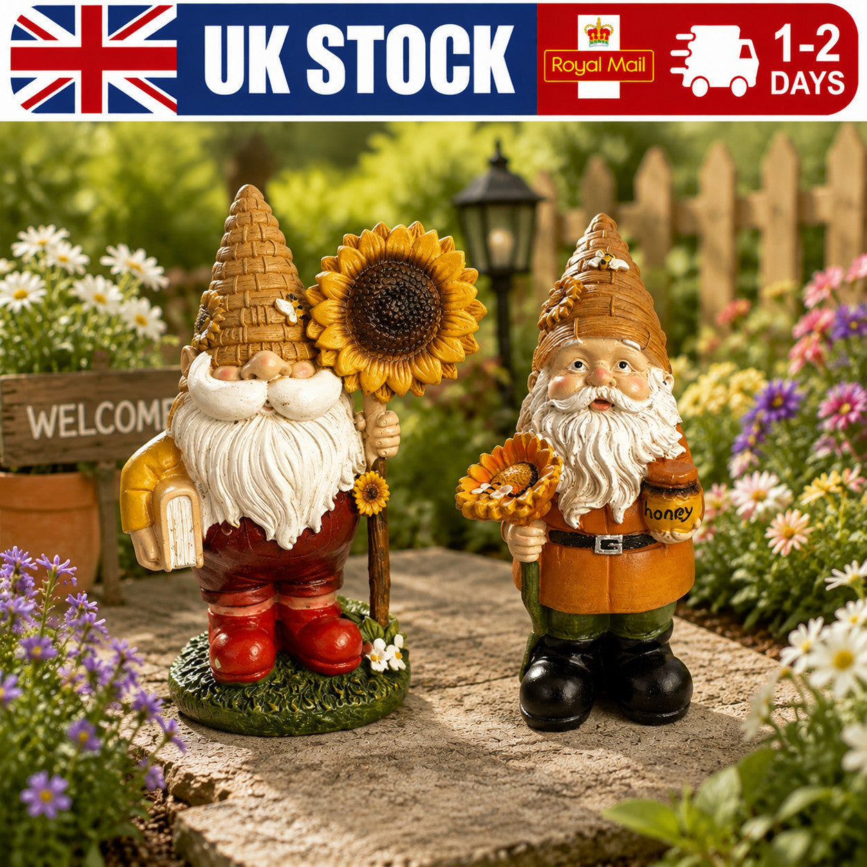 Gnome Garden Statue Dwarf Sunflower Bee Outdoor Yard Home Ornament Gift 15cm