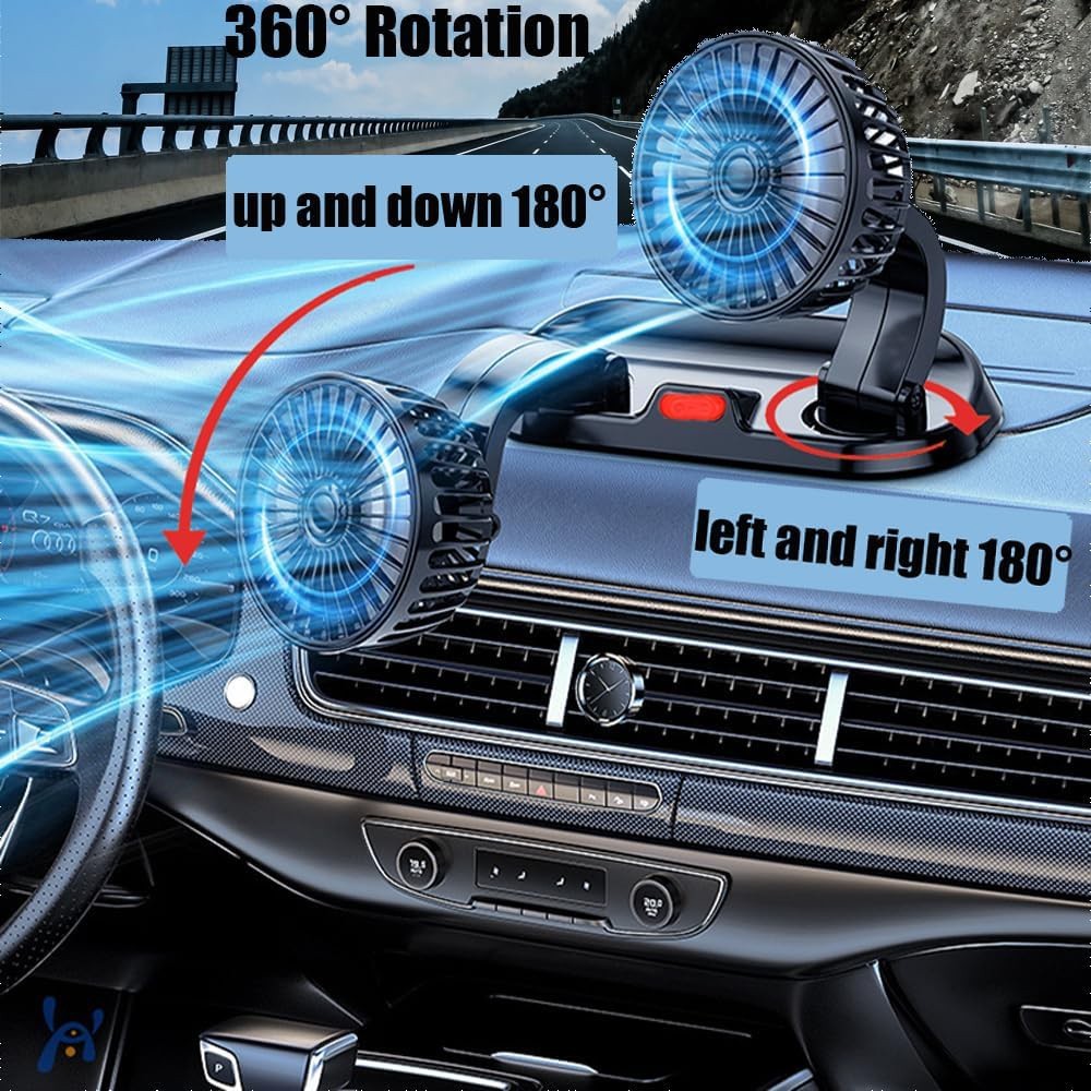 Dual Head USB Car Fan Portable Vehicle Truck 360° Rotatable Auto Cooling Cooler