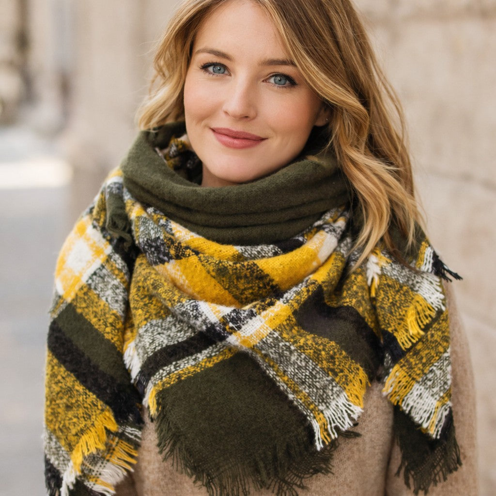 Ladies YELLOW & DARK GREEN  Pashmina Scarf Polyester Plaid Tartan Tessels Shawl
