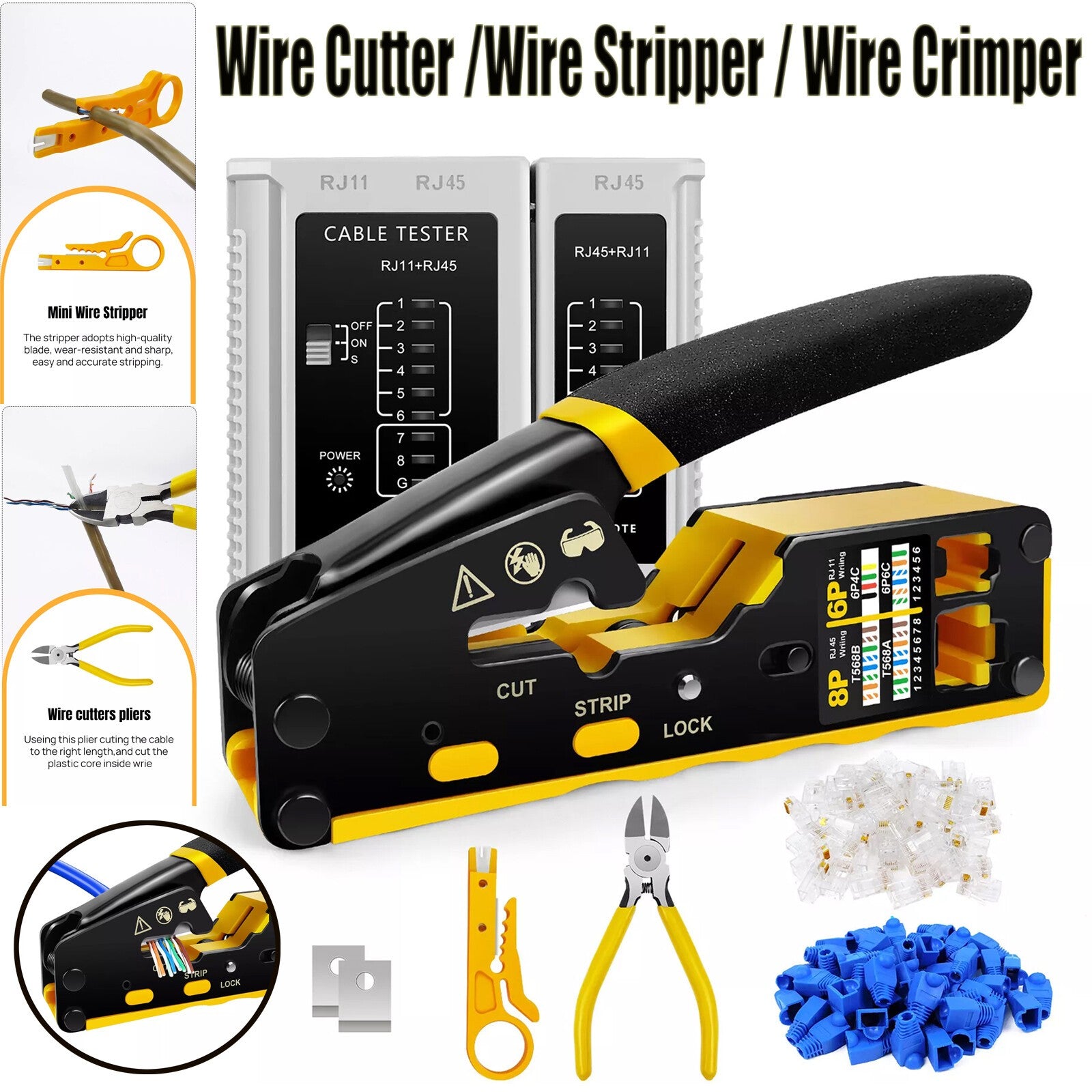 RJ45 Pass Through PRO EZ Crimping Tool Crimper CAT 5 5E 6 Connector Mega Kit UK