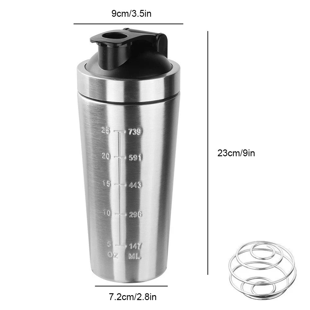 739ML Metal Protein Shaker Bottle Leakproof Sports Mixer Cup with Mixing Ball