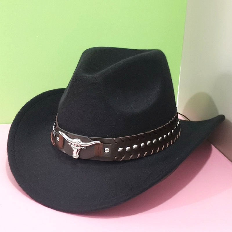 1PC Casual Western Cowboy Hat with Buckle & Bull Head Design Wide Brim Hat