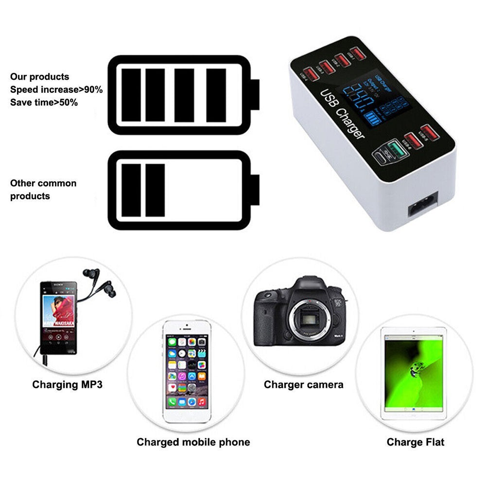 LCD Display Station Hub with UK Plug 8 Multi-Port USB Fast Quick Charger Adapter