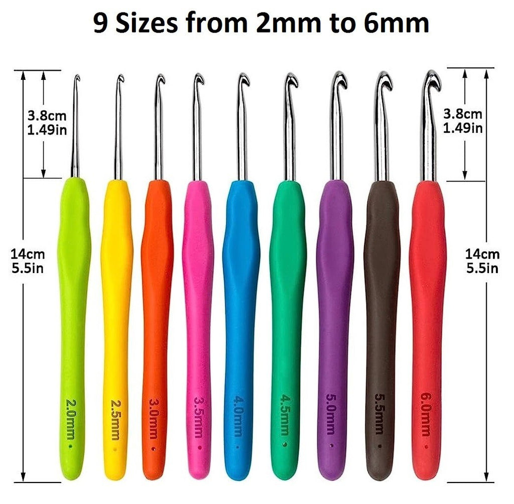 9Pcs Aluminium Crochet Hooks Set Soft Grip Handles Knitting Needles Multi Color