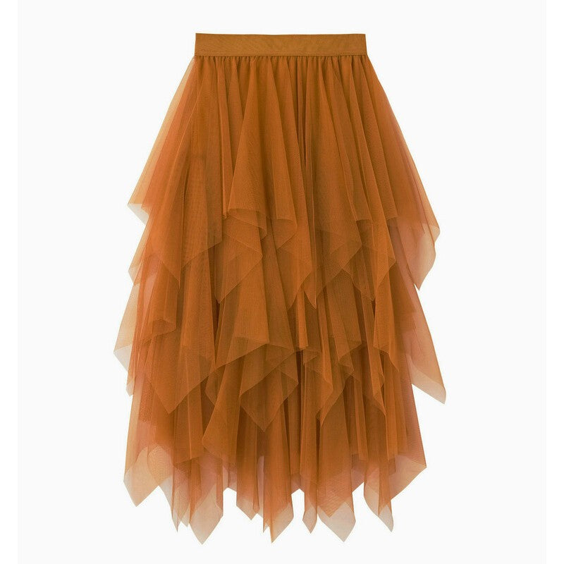 *Women's* Vintage Solid Color Layered Irregular Mesh Skirt Tulle Bubble Skirt.