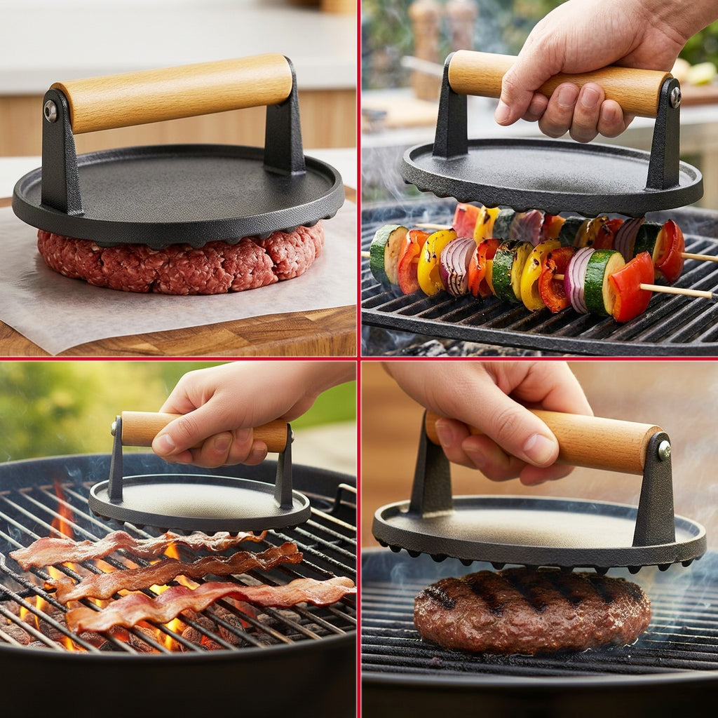Burger Press Cast Iron 6.9" Heat Resistant Wood Handle BBQ Meat Grill Smash Tool