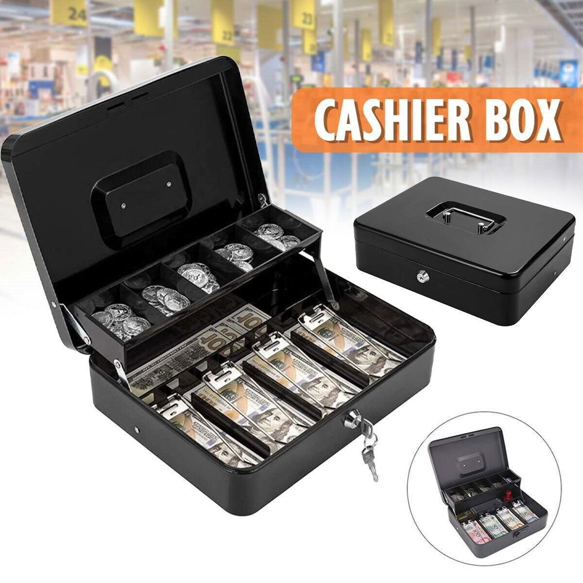Money Float Tin Keys Lockable Safe Metal Petty Cash Box Coin Tray