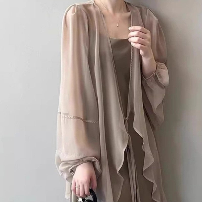 Lady Sheer Mesh Midi Shrug Jacket Thin Long Sleeve Shrug Cardigan Top Front Open