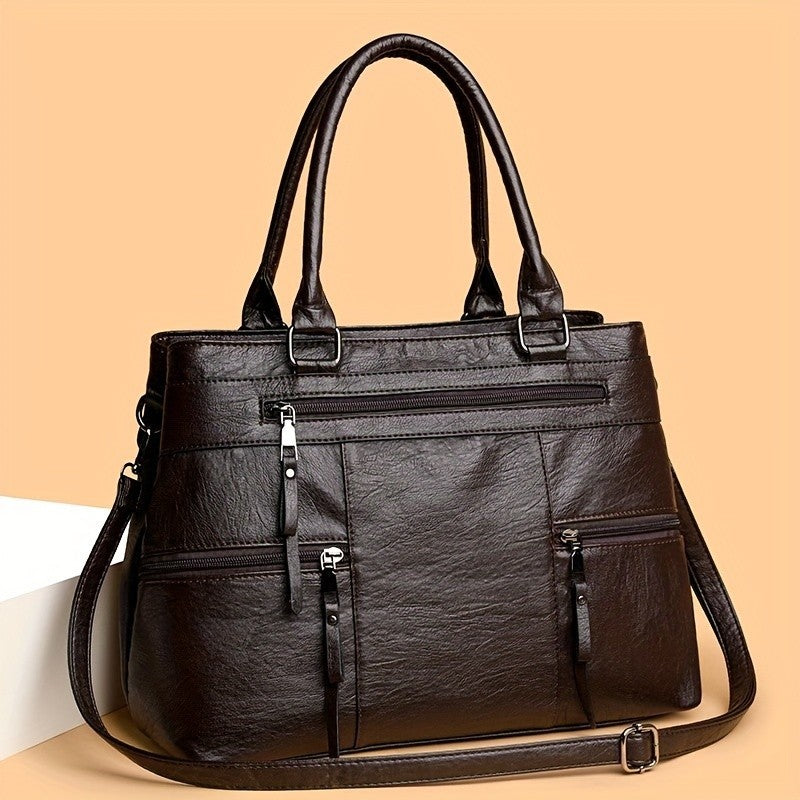 Vintage Large Capacity Tote Bag Women PU Leather Shoulder Handbag Crossbody