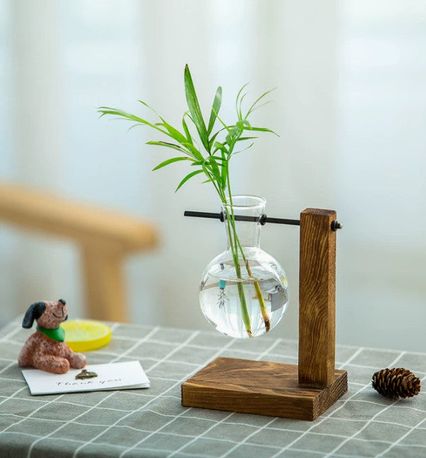 Vase with Retro Wooden Stand Propagation for s Office Desk