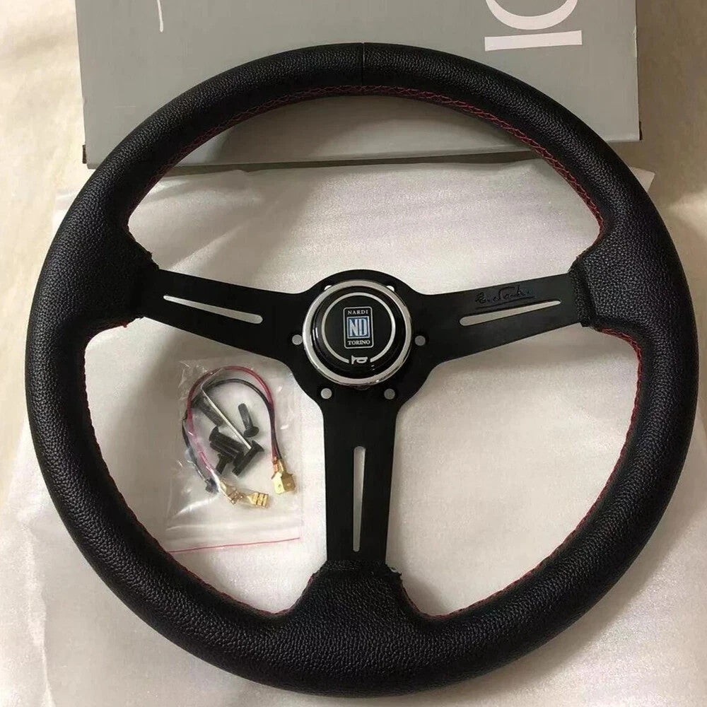 For NARDI 350MM 14' Deep cone 90mm Suede Leather Red stitch Sport Steering Wheel