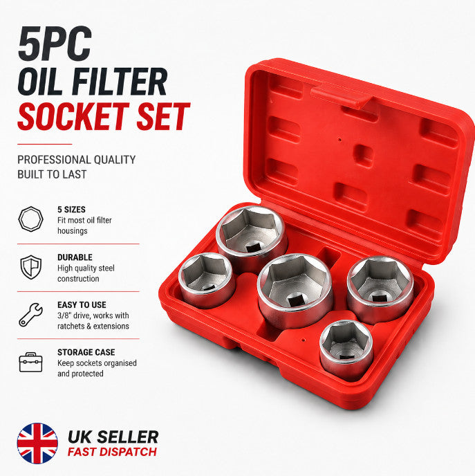 5 Pcs Oil Filter Socket Set 3/8" Drive 24 27 32 36 38mm Wrench Removal Tool