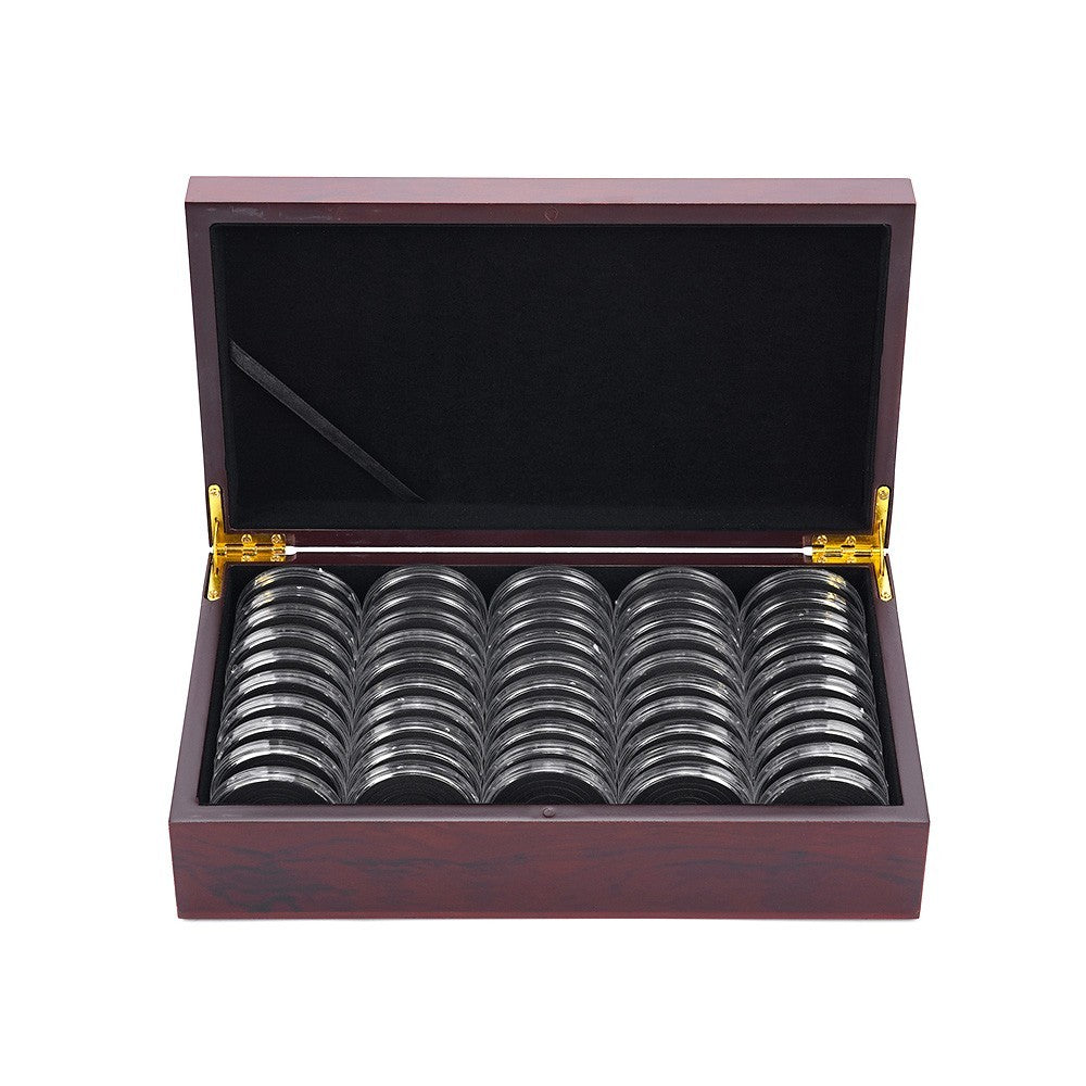 50pcs 46MM Coin Capsules Wooden Storage Box Holders Coin Collection Display Case