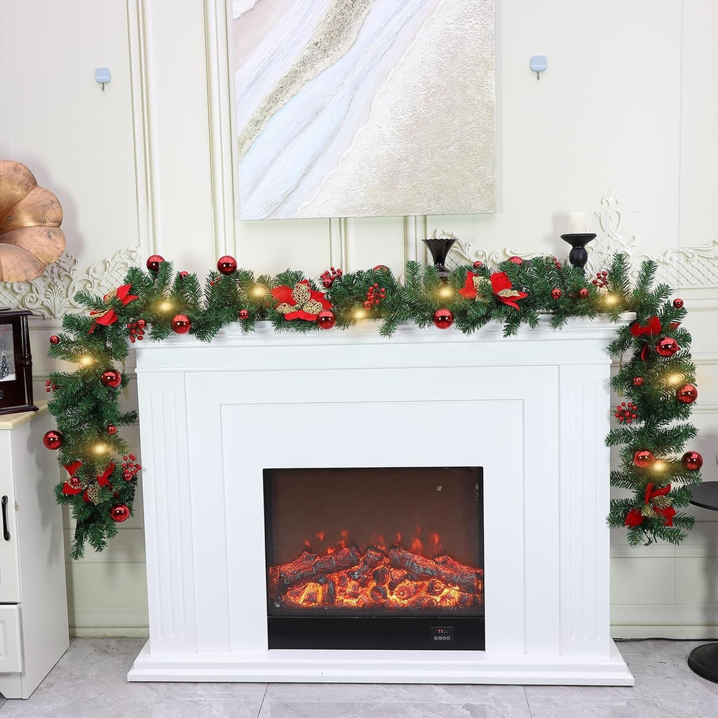 9FT Pre Lit Christmas Garland with Lights Door Wreath Xmas Fireplace Decor LED