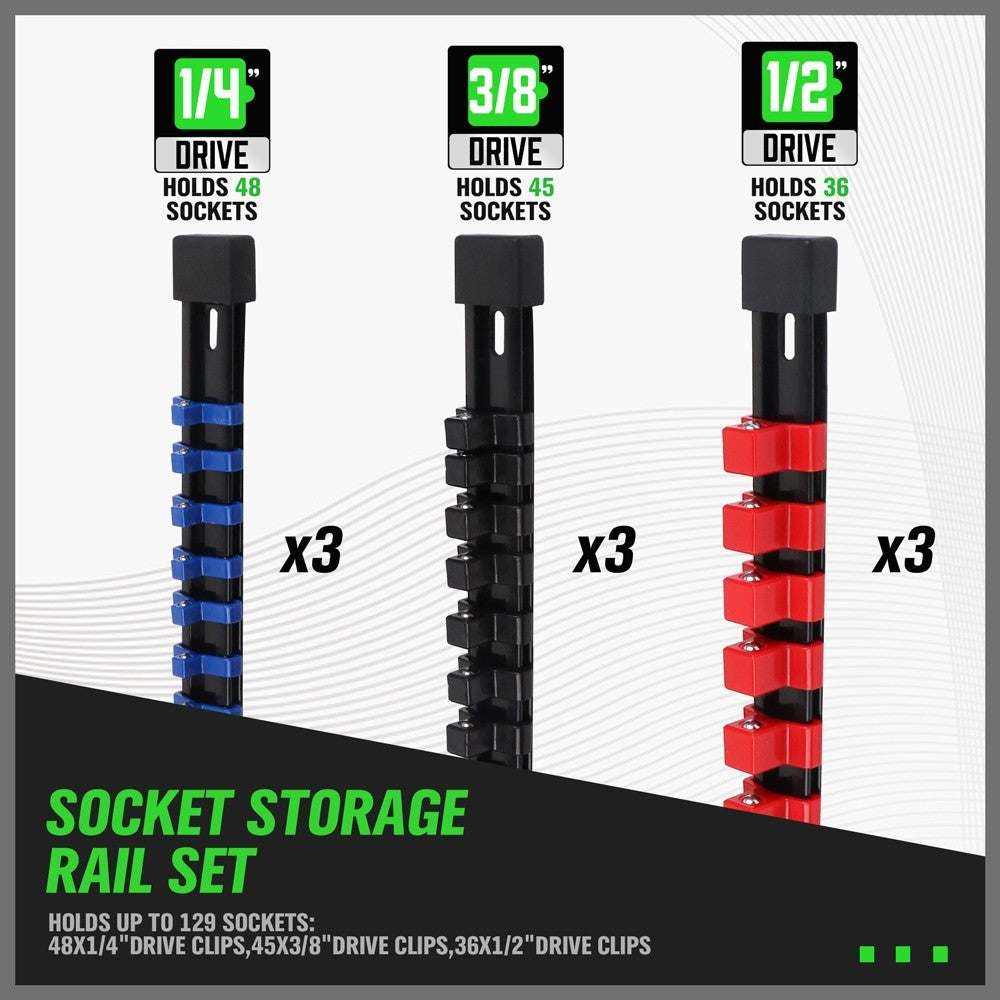 9PCS Socket Rail Storage Holder Organizer Tray Set 1/2" 3/8" 1/4" Wall Mount ABS