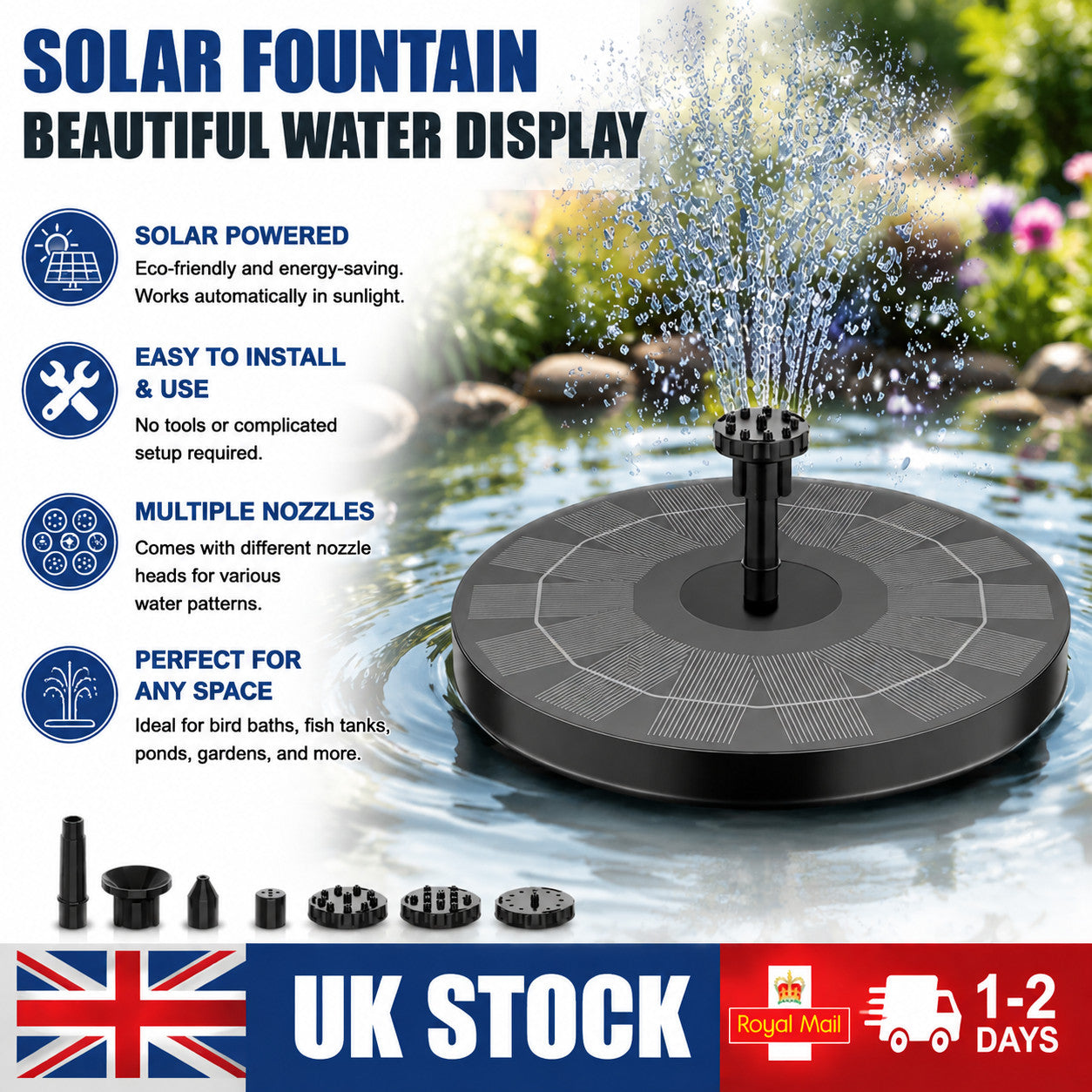 Solar Fountain Floating Pump Water Feature Garden Pool Bird Bath Pond Outdoor