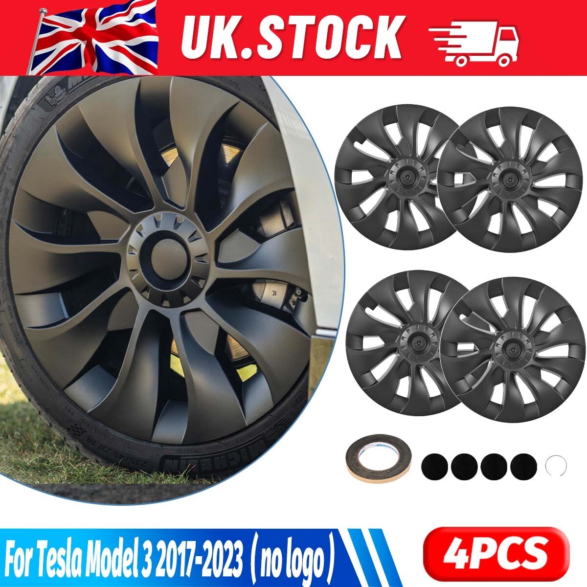 18" Wheel Cover Hubcaps Matte Black 4pcs For Tesla Model 3 2017-23 Silver Logo