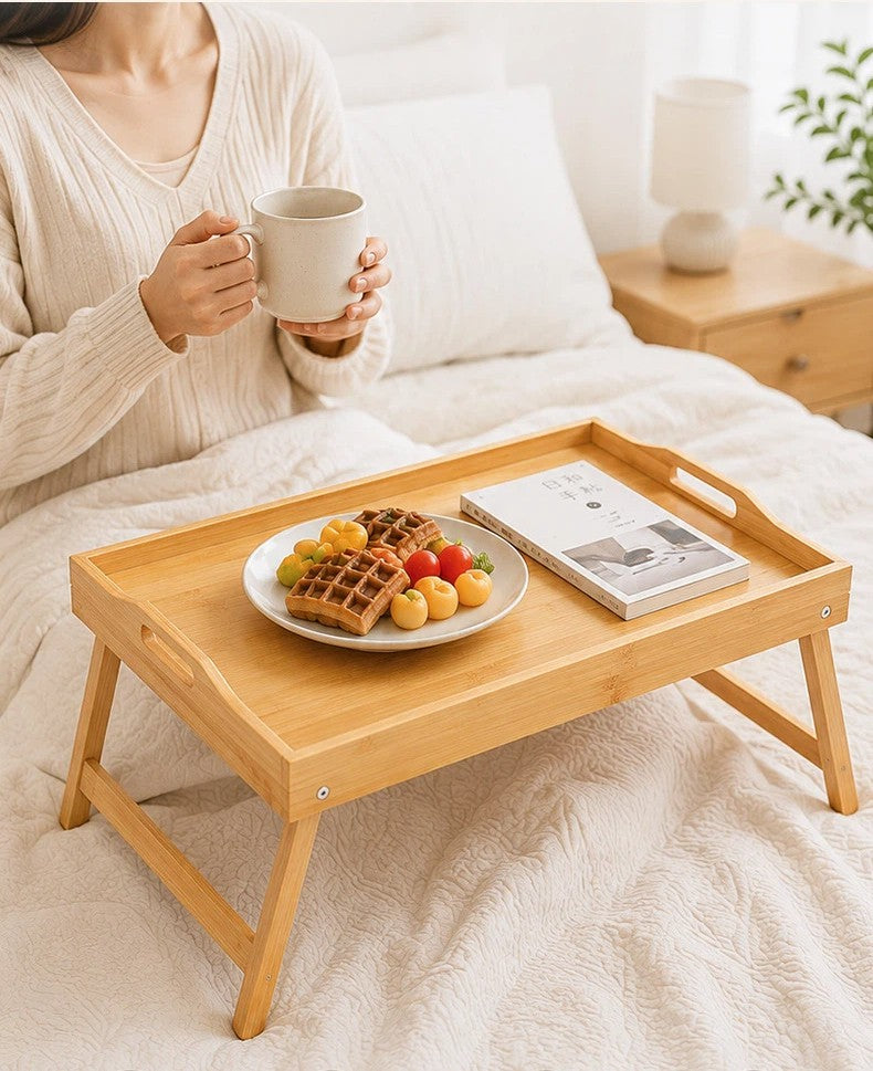 Bamboo Lap Tray Wooden Serving Breakfast Over Bed Table Tray with Folding Legs