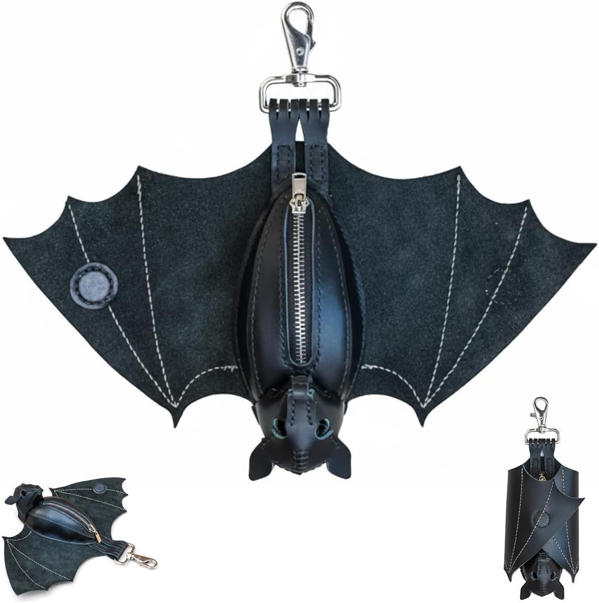 Gothic Leather Bat Coin Purse Handmade Keychain Zippered Wallet for Bags & Belts